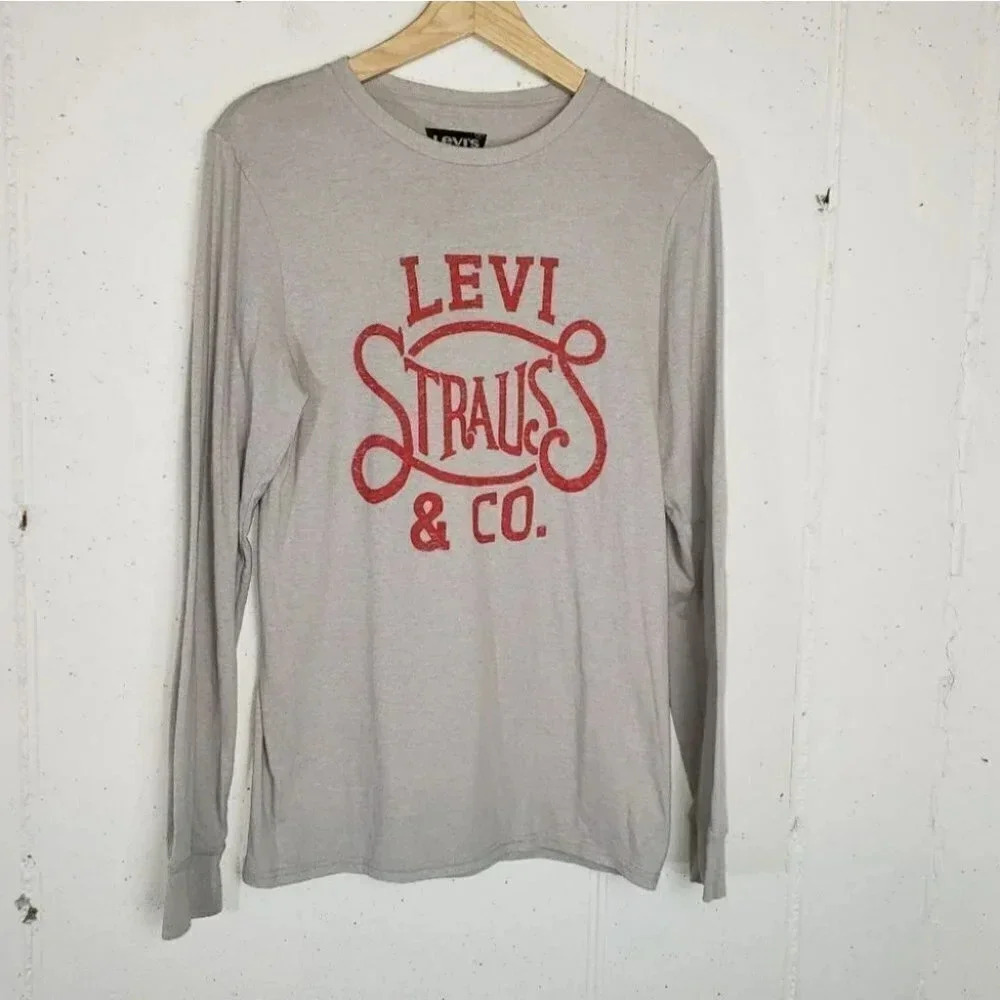 Levi's Long Sleeve Tee Small Gray Graphic Print Heritage Logo‎ Crew Neck Mens